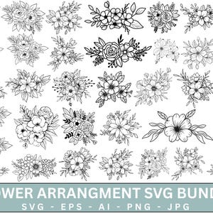 May include: A selection of black and white floral arrangements in diverse styles, including bouquets and individual flower illustrations. The image features various designs and the text at the bottom reads "FLOWER ARRANGEMENT SVG BUNDLE".