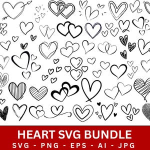 May include: A collection of hand-drawn black and white heart illustrations in various styles. The image includes hearts with outlines, filled-in hearts, and hearts with unique textures. Text at the bottom reads "HEART SVG BUNDLE" with file type abbreviations.