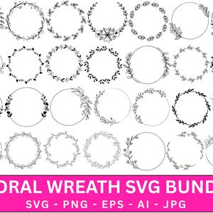 Blomkrans SVG-paket, Bröllopskrans svg, Cirkelram svg, Cirkelkrans svg, Blomkrans svg, Handritade blomkanter, Blomsvg