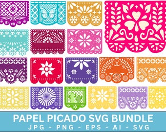 Papel Picado SVG Bundle, Papel Picado Clipart, Papel Picado SVG Cut Files, Papel Picado Banner, Fiesta Bunting, Papel Picado PNG