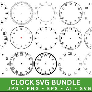 May include: A collection of clock faces in various styles, including Roman numerals and Arabic numerals. The designs are in black and white, with different dot and line markings for the hours. The image includes the text "CLOCK SVG BUNDLE".