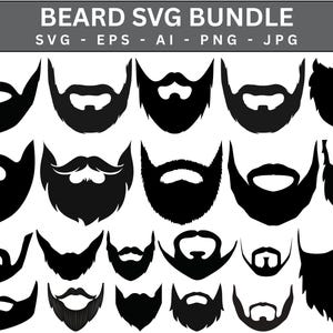 Puede incluir: Una colección de diseños de barba negros en varios estilos. La imagen incluye una variedad de formas de barba, desde barbas completas hasta estilos recortados, adecuados para proyectos de diseño digital. El texto "BEARD SVG BUNDLE" está en la parte superior.