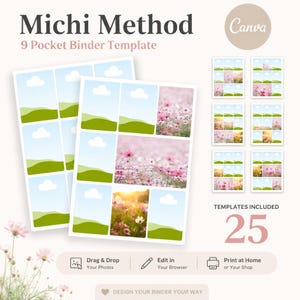 May include: Michi Method 9 Pocket Binder Template with 25 included designs. The digital layout features grid sections for photos, some with green hills and blue sky graphics, others with pink floral imagery. Includes text: Drag & Drop, Edit in Your Browser, Print at Home.