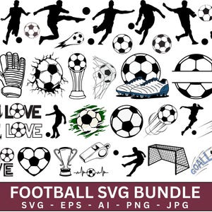 Paquete SVG de fútbol, diseños vectoriales de fútbol para Cricut, imágenes prediseñadas de fútbol, descarga digital, silueta de jugador de fútbol, SVG deportivo, logotipo de fútbol