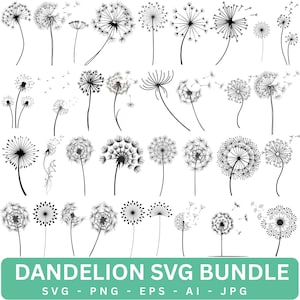 May include: A collection of black and white dandelion illustrations featuring various stages of seed dispersal and floral structures. The graphic set includes numerous individual dandelion heads, stems, and floating seeds arranged in a grid pattern.