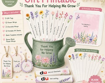 Teacher Appreciation Chocolate Wrap Printable, Thank You For Helping Me Grow Gift, Flower Wraps, Gift Tags, A4 PDF, Instant Download
