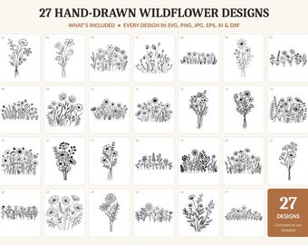 May include: A collection of 27 hand-drawn wildflower designs in black line art on white squares. The text reads 27 HAND-DRAWN WILDFLOWER DESIGNS, WHAT'S INCLUDED, EVERY DESIGN IN SVG, PNG, JPG, EPS, AI & DXF, and 27 DESIGNS.