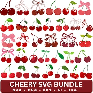 May include: A digital collection of cherry illustrations featuring various pairs of cherries in shades of red and maroon, some with green leaves, stems, or decorative bows. The bottom text reads CHEERY SVG BUNDLE SVG - PNG - EPS - AI - JPG.