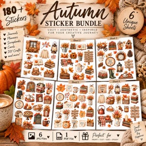 May include: A collection of six sticker sheets featuring autumn-themed illustrations including pumpkins, fall foliage, cozy sweaters, lanterns, books, and hot beverages. The text reads Autumn Sticker Bundle, 180+ Stickers, 6 Unique Sheets, and Cozy Aesthetic Inspired For Your Creative Journey.