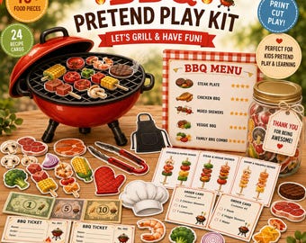 BBQ Pretend Play Printable | Grill Food Matching Activity | Skewer Builder Game | Kids BBQ Play Set | Preschool Busy Book PDF