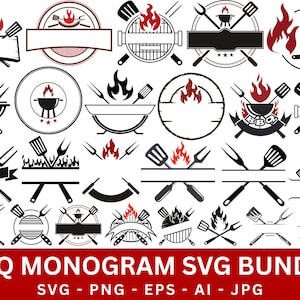 May include: A collection of black and white BBQ-themed monogram designs. Each design features a grill, flames, and utensils. The designs are in various shapes, including circles, banners, and crests. The text "BBQ MONOGRAM SVG BUNDLE" is displayed at the bottom.