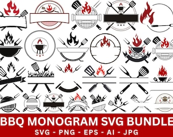 BBQ Grill Split Monogram Svg, Barbecue Clipart, Digital Download, Grill Split Frame Svg, Fire grill Svg, Silhouette, Steak Grill Svg
