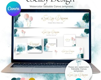 May include: A laptop displays "eSellsy Design" templates. The screen shows various designs with watercolor elements, balloons, and text. The brand colors are teal, pink, and gold. The Canva logo is visible.