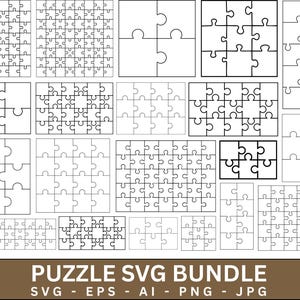 May include: A selection of black and white jigsaw puzzle designs in different sizes and arrangements. The image features individual puzzle pieces and complete puzzles. Text at the bottom reads "PUZZLE SVG BUNDLE" with file type indicators: SVG, EPS, AI, PNG, and JPG.