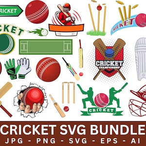 Puede incluir: Una colección de gráficos SVG con temática de cricket. La imagen presenta varios elementos como pelotas de cricket, bates, wickets y siluetas de jugadores. La paleta de colores incluye rojo, verde y blanco. El texto en la parte inferior dice "CRICKET SVG BUNDLE".