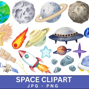 May include: A collection of watercolour space-themed illustrations, including planets, rockets, and stars. The image features a blue Earth, a grey moon, Saturn with rings, and a red and white rocket. The text "SPACE CLIPART" is displayed at the bottom of the image.
