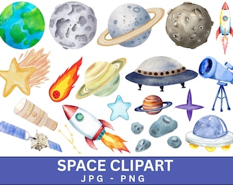 Watercolor Cute Space Clipart, Solar System Clipart, Cricut Cutting Files, Rocket Png, Space Bundle, Commercial Use, Instant Download