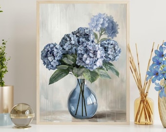 Blue Hydrangea Wall Art Printable, Spring Floral Botanical Print, Hydrangea Flower Wall Decor, Vintage Garden Art, Cottagecore Printable