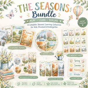 Op de afbeelding: Een digitaal educatief pakket genaamd THE SEASONS BUNDLE met aquarelillustraties van seizoenslandschappen. Bevat vier posters, een cirkelvormige seizoencyclus, twaalf maandkaarten, knipvellen en seizoenslabels.
