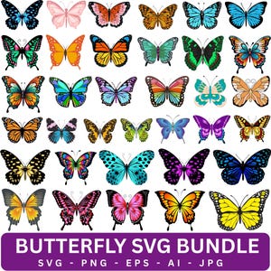 Op de afbeelding: Een verzameling van vijfendertig kleurrijke vlinderillustraties gerangschikt in een raster, met diverse vleugelpatronen en levendige tinten. Onder de vlinders toont een paarse banner de tekst BUTTERFLY SVG BUNDLE SVG PNG EPS AI JPG.