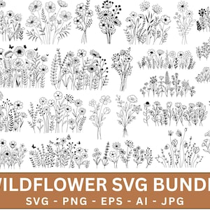 Puede incluir: Una colección de ilustraciones de flores silvestres en blanco y negro. La imagen presenta varios arreglos florales, incluyendo ramos y tallos individuales, con el texto "WILDFLOWER SVG BUNDLE" en la parte inferior, junto con indicadores de tipo de archivo.