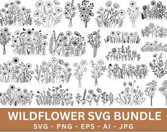 Minimalistischer Blumenstrauß SVG, Wildblumen Clipart, Botanische Zeichnung, Sofort Download