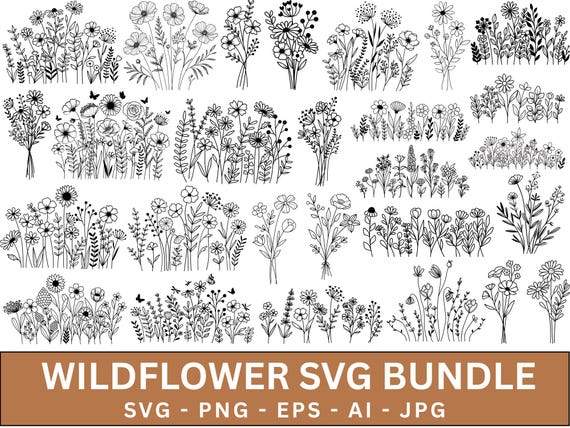 Wildflower Svg Bundle, Minimalist Bouquet SVG, Wildflower Clipart, Botanical svg, Floral svg,  Flower Border svg, Instant Download.