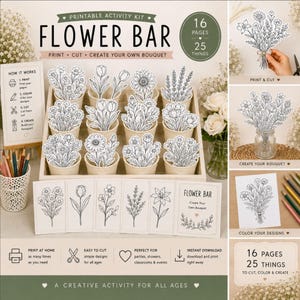 Może przedstawiać: Zestaw aktywności do druku zatytułowany Flower Bar, zawierający 16 stron i 25 elementów do wydrukowania, wycięcia i pokolorowania. Zestaw zawiera czarno-białe ilustracje liniowe różnych kwiatów, bukietów oraz karty z instrukcjami tworzenia własnych kompozycji kwiatowych.