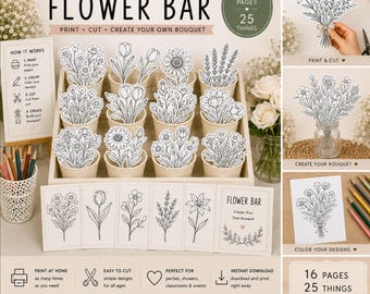 May include: A printable activity kit titled Flower Bar featuring 16 pages and 25 items to print, cut, and color. The kit includes black and white line art illustrations of various flowers, bouquets, and instructional cards for creating custom floral arrangements.