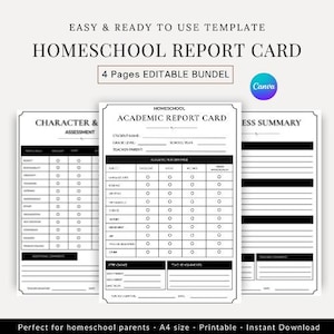 Op de afbeelding: Een bewerkbaar sjabloonpakket voor homeschool-rapporten van vier pagina's met zwart-wit lay-outs. De documenten bevatten secties voor academische prestaties, karakterbeoordeling en voortgangssamenvattingen met velden voor leerling- en docentgegevens.