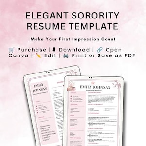 Könnte beinhalten: Eine digitale Lebenslaufvorlage mit dem Titel ELEGANT SORORITY RESUME TEMPLATE und dem Text Make Your First Impression Count. Das Dokument verfügt über ein hellrosa Farbschema und strukturierte Abschnitte für Kontakt, Bildung und Fähigkeiten.