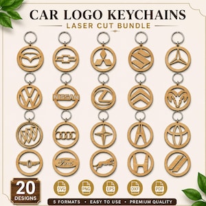 Pode incluir: Uma coleção de 20 porta-chaves circulares de madeira com vários emblemas de marcas de automóveis. O conjunto inclui designs cortados a laser com argolas de metal, apresentados como um pacote digital nos formatos SVG, PNG, EPS, DXF e PDF.