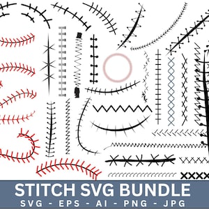 Puede incluir: Una colección de varios diseños de puntadas en negro y rojo, incluyendo patrones curvos, rectos y en zigzag. La imagen también incluye el texto "STITCH SVG BUNDLE" en una pancarta azul, con abreviaturas de tipos de archivo debajo.