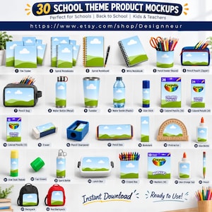 Peut inclure: Une collection de 30 maquettes de produits sur le thème de l'école avec un motif graphique constant de ciel bleu et de collines vertes. Les articles incluent des cahiers, trousses, gourdes, bâtons de colle, crayons Crayola, feutres et sacs à dos.