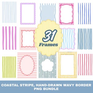 Puede incluir: Una colección digital de 31 marcos y fondos a rayas con bordes ondulados dibujados a mano y líneas verticales en varios colores, incluyendo rosa, azul, amarillo y verde. La insignia festoneada amarilla central muestra el texto 31 Frames.