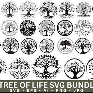 May include: A collection of black and white tree of life designs in various styles. The image includes detailed illustrations of trees with roots, branches, and leaves, some within circular frames. Text at the bottom reads "TREE OF LIFE SVG BUNDLE".