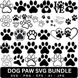 May include: A collection of black and white dog paw print graphics, including various paw shapes, heart-shaped accents, and the word LOVE. The bottom text reads DOG PAW SVG BUNDLE SVG - PNG - EPS - AI - JPG.