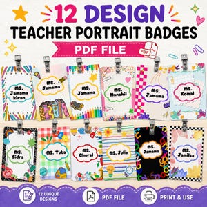 Peut inclure: Un ensemble de 12 badges portrait pour enseignants au format PDF. Chaque badge rectangulaire présente une bordure colorée unique avec des illustrations sur le thème de l'école comme des crayons, des livres et des lettres, et une étiquette centrale en forme de nuage.