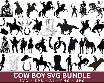 Cowboy Svg Bundle, Horse Rider SVG, Cowboy Hat Svg, Cowboy Silhouette Svg, Digital Download, Cowboy Cut Files For Cricut, Horseshoe SVG