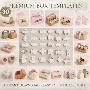Op de afbeelding: Een collectie van 30 premium doos-sjablonen met diverse papieren geschenkdoosontwerpen in wit, roze, groen en bruin. De afbeelding toont geassembleerde dozen, platte stanssjablonen en de tekst PREMIUM BOX TEMPLATES en INSTANT DOWNLOAD.