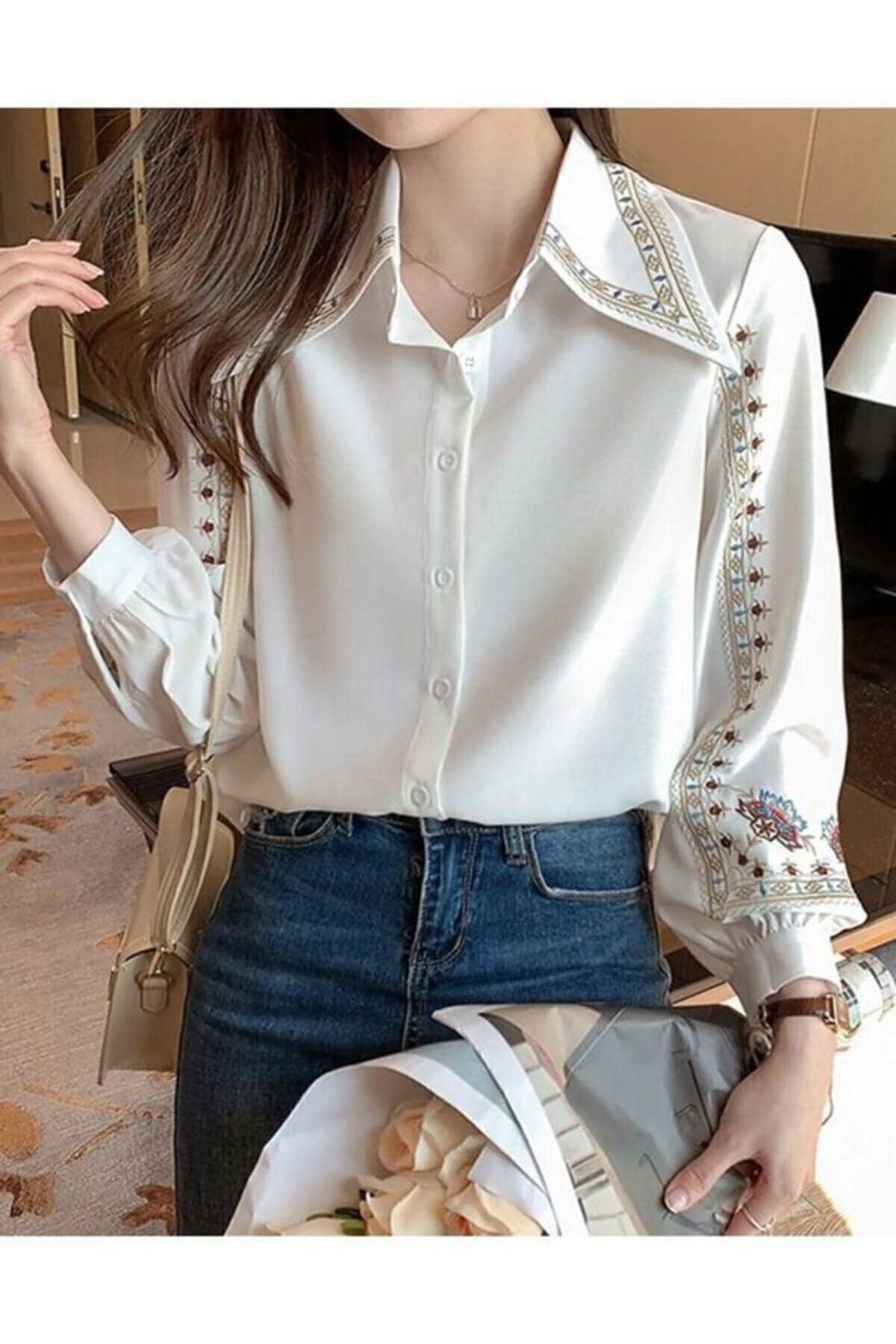 Balloon Sleeve Blouse Blanche Col V Women's White Balloon-Sleeved