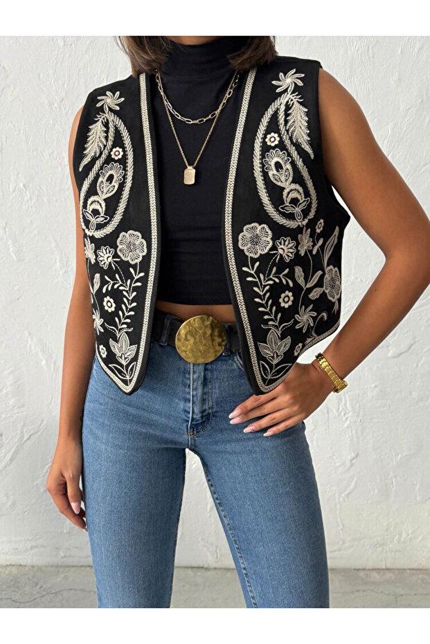 Embroidered Suede Vest - Western Bohemian Floral Crop Waistcoat