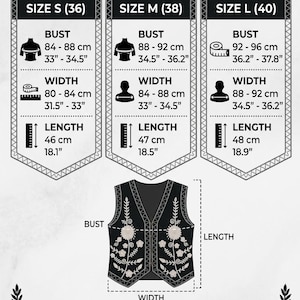 Puede incluir: Una tabla de tallas para chaleco de algod&oacute;n bordado con tres columnas para las tallas S, M y L. Cada columna enumera las medidas de busto, ancho y largo en cent&iacute;metros y pulgadas. Se muestra un chaleco negro con bordados florales blancos.