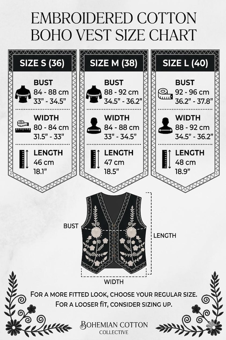 Puede incluir: Una tabla de tallas para chaleco de algod&oacute;n bordado con tres columnas para las tallas S, M y L. Cada columna enumera las medidas de busto, ancho y largo en cent&iacute;metros y pulgadas. Se muestra un chaleco negro con bordados florales blancos.