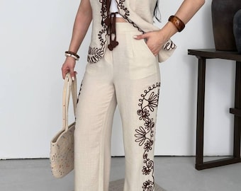 Embroidered Linen-Look Cotton Vest and Wide Leg Trousers Set, Bohemian Resort Wear
