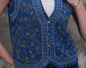 Chaleco vaquero bohemio bordado para mujer – Chaleco vaquero azul étnico