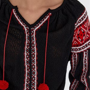 Embroidered Boho Blouse, V-Neck Knit Cotton Top with Tassels, Folk Style Black Sweater