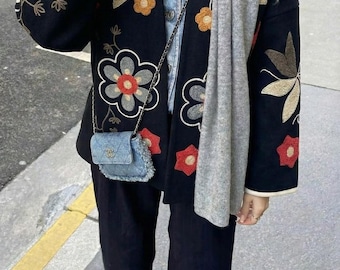 Embroidered Black Cotton Blend Jacket, Boho Floral Artisan Coat, Vintage Style Kimono