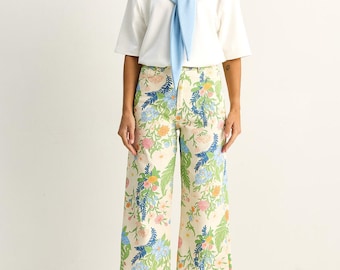 Pantalones vaqueros anchos de estilo vintage con estampado floral, de talle alto y algodón, con estampado botánico retro bohemio.