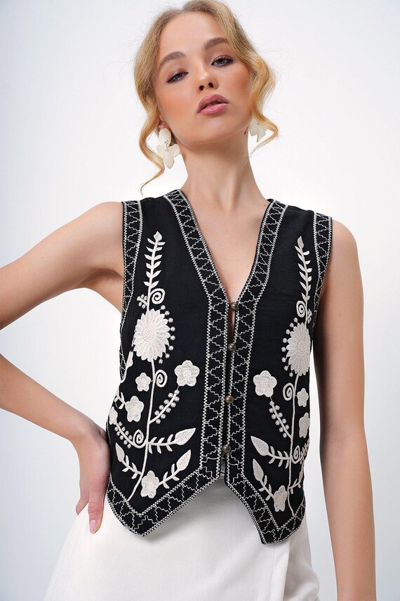 Black Embroidered 100% Cotton Vest with Button Details